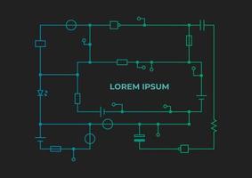 Template of an electric circuit with inscription on a dark background. Background illustration for scientific and technical articles. vector