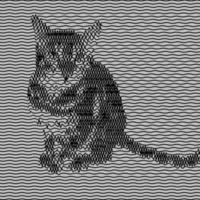 Sitting cat in line style. Optical art, vector striped picture. Black wave curve motion lines graphics.