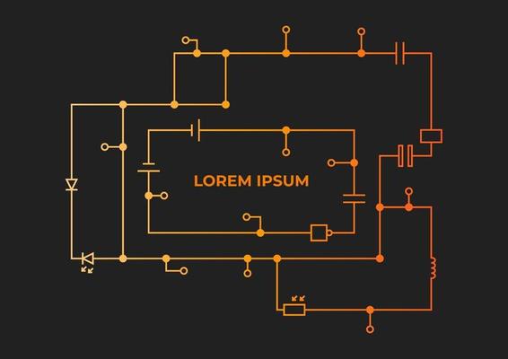Template of a circuit drawing with inscription on a dark background. Background illustration for scientific and technical articles.