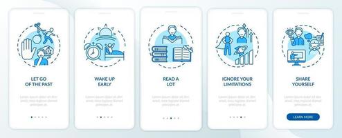 Self-development tips blue onboarding mobile app page screen with concepts vector