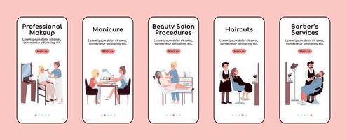 Beauty salon onboarding mobile app screen flat vector template set