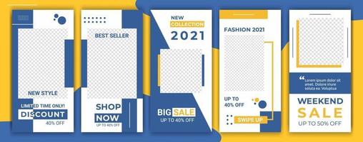 Set of sale banner background frame, ig template photo. Layout composition fresh yellow and blue color design for social networks story. Vector illustration. Trendy minimalist style