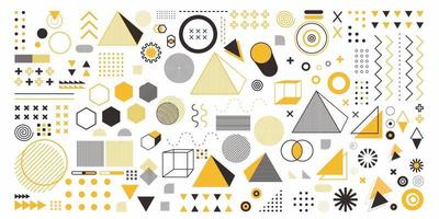 Abstract geometry set object in yellow color. A bundle 100 geometric design arts. Memphis design, retro elements for web, vintage, advertisement, commercial banner, poster, leaflet, billboard, sale vector