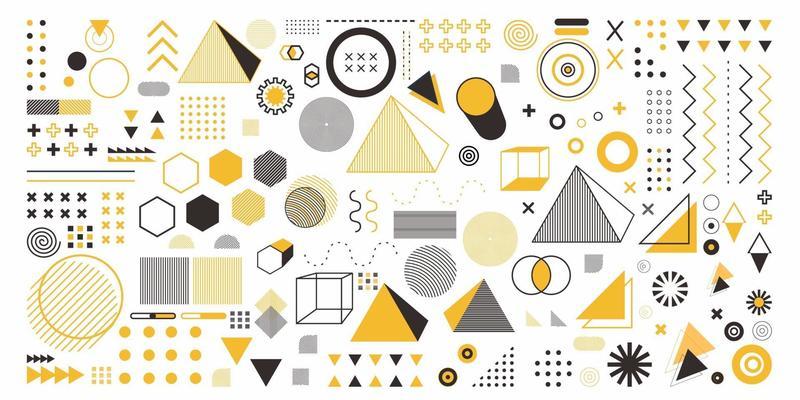 Abstract geometry set object in yellow color. A bundle 100 geometric design arts. Memphis design, retro elements for web, vintage, advertisement, commercial banner, poster, leaflet, billboard, sale