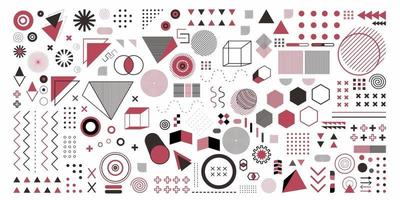 Abstract geometry set object in pink color. A bundle 100 geometric design arts. Memphis design, retro elements for web, vintage, advertisement, commercial banner, poster, leaflet, billboard, sale vector