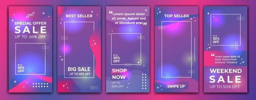 Set 5 of social media Ig stories sale banner background, mobile app, poster, flyer, coupon, gift card, smartphone template story. Abstract modern template design with gradient color purple and blue. vector