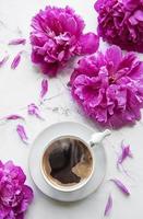 Pink peony flowers and a cup of coffee photo