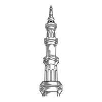 Detailed sketch of mosque tower for Ramadan Kareem isolated on white background. Happy Ramadan Mubarak free hand drawing. Vector illustration for ramadan celebration with islamic design