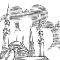 Mezquita de dibujo vectorial con minaretes ilustración dibujada a mano aislada sobre fondo blanco. ramadan kareem. feliz año nuevo hijri para la comunidad islámica. plantilla para el diseño de tarjetas de felicitación vector