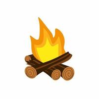 Vector illustration of burning bonfire with wood isolated on white background in cartoon flat style. Burning campfire at night for camper lighting. Night camping entertainment concept.