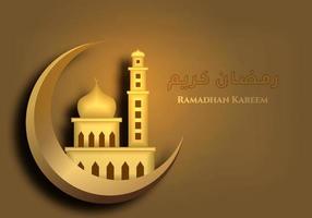 Fondo de Ramadán Kareem con mezquita en elemento adornado de plantilla lujosa de oro de luna creciente. feliz eid fitr, motivo islámico eid mubarak en color dorado. diseño de dibujos animados planos. ilustración vectorial vector