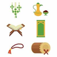 Set of Ramadan Kareem icons isolated on white background. Quran book, prayer beads, ketupat, holiday food, drum or bedug. Flat arabic ornament, ramadan islamic celebration theme. Vector illustration