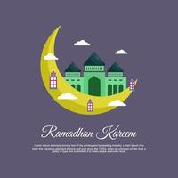 Ramadan Kareem cards design with mosque and traditional lantern in crescent moon creative simple elements. Happy Eid Mubarak. Eid wishes vector Illustration for greeting card, poster and voucher.