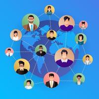 Flat design concept social network. Peoples connecting around the world with line and avatar icon. Vector illustrate.