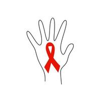 La mano del ser humano con cinta roja ayuda al dibujo continuo de una línea. Apoyar la esperanza de cura y detener el concepto de sida. día mundial del sida, 1 de diciembre. Cinta de insignia de caridad aislada sobre fondo blanco. vector