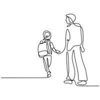 One continuous line drawing of young father takes his son to go to school. Happy little boy walking with his dad to school. Loving parenting family concept isolated on white background. vector