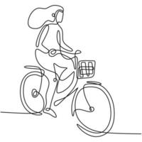 One continuous line drawing of a girl riding bicycle. A cute woman enjoy riding her cycle in the morning to exercise. Healthy lifestyle theme isolated on white background. Vector minimalist style