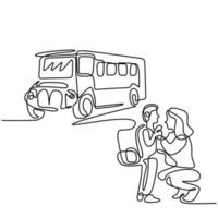 Continuous one line drawing of young mother takes her child to school bus. Happy little kid is standing with his mommy on the street. Back to school concept handdrawn line art minimalism design vector