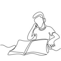 A teenager boy with a book continuous one line drawing. Young man sitting and read a book to study in the room isolated on white background. Back  to school concept in minimalism style vector