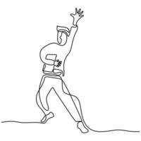 One continuous line drawing of a young man holding a book while jump and raised hand. Happy cheerful teenager male success his exam. Character boy in school minimalism design on white background vector