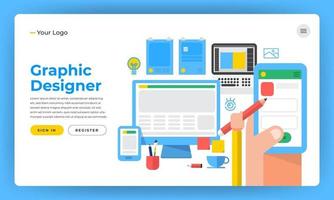 Mock-up design website flat design concept the designer like graphic website application and design tools. Vector illustration.