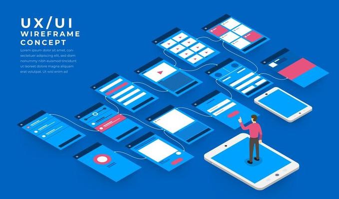 UX UI Flowchart. Mock-ups  mobile application concept isometric flat design. Vector illustration.