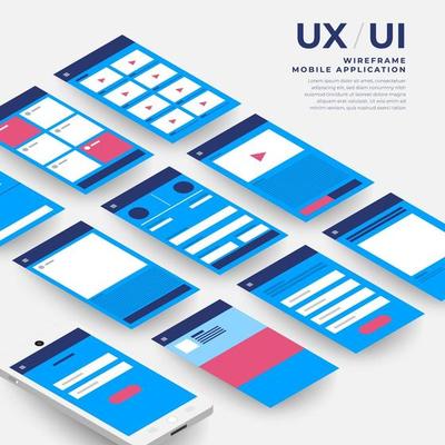 UX UI Flowchart. Mock-ups  mobile application concept isometric flat design. Vector illustration.
