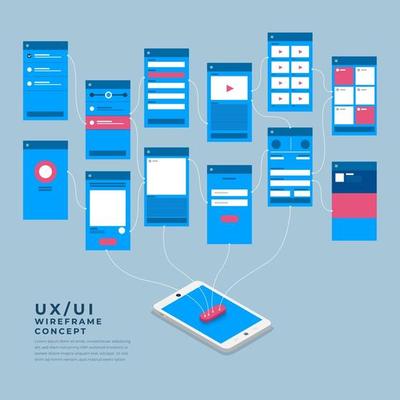 UX UI Flowchart. Mock-ups  mobile application concept isometric flat design. Vector illustration.