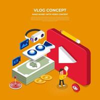 Flat design vlog concept. Create video content and make money. Vector illustrate