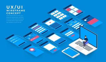 UX UI Flowchart. Mock-ups  mobile application concept isometric flat design. Vector illustration.