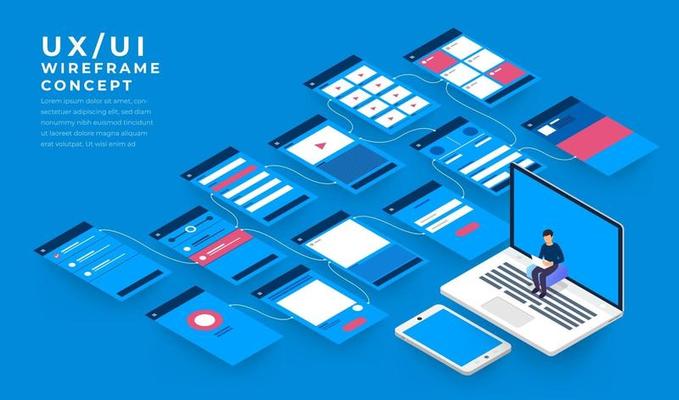 UX UI Flowchart. Mock-ups  mobile application concept isometric flat design. Vector illustration.