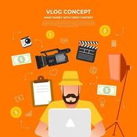 Flat design vlog concept. Create video content and make money. Vector illustrate