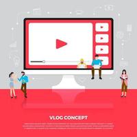 Flat design concept vlog. Team develop channel video online. Vector illustrate.