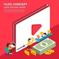 Flat design vlog concept. Create video content and make money. Vector illustrate