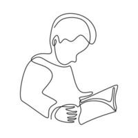 Continuous line drawing of little boy read a book. A cute kid sitting on the ground while look at the book hand drawn with minimalism style on white background. Back to school theme. vector