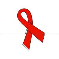 Continuous one line of red ribbon for badge. World HIV Aids day 1 December. Cancer ribbon symbol on white background. Awareness red bow concept hand drawn minimalist design vector illustration