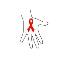 Human's hand with red ribbon Aids continuous one line drawing. Support hope for cure and stop Aids concept. World Aids Day, 1 December. Charity badge ribbon isolated on white background. vector