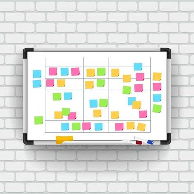 Empty whiteboard with marker pens and note paper. Business presentation office white board isolated vector mockup. Vector illustrate.