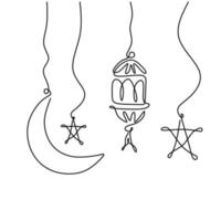 Lantern, half moon and star. Ramadan Kareem theme minimal one continuous line drawing on white background. Single line art of Eid Mubarak greeting card, poster and banner design. Vector illustration