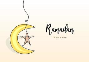 Continuous line drawing of islamic decoration with star, and moon and lettering. Muslim traditional holiday. Hand drawn line art of Ramadan Kareem greeting card concept. Vector illustration