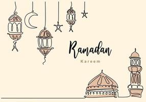 Continuous one line drawing of Islamic mosque with hanging traditional lantern, star and half moon. Ramadan Kareem greeting card, banner and poster design in white background. Vector illustration