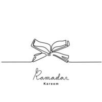 Continuous line drawing of open book Quran on a wooden book stand. Islamic holy day Ramadan Kareem and Eid Mubarak concept isolated on white background. Hand drawn minimalism style. vector