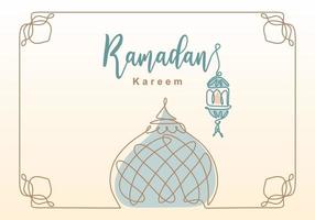 Ramadan Kareem one continuous line with lantern, mosque dome and mosque tower ornament. Eid Al Fitr Mubarak and Ramadan Kareem greeting card concept hand drawn design minimalist style vector