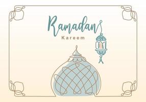 ramadan kareem una línea continua con linterna, cúpula de mezquita y adorno de torre de mezquita. eid al fitr mubarak y ramadan kareem concepto de tarjeta de felicitación diseño dibujado a mano estilo minimalista vector