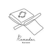 Continuous line drawing of open book Quran on a wooden book stand. Islamic holy day Ramadan Kareem and Eid Mubarak concept isolated on white background. Hand drawn minimalism style. vector