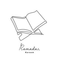 dibujo de línea continua del corán de libro abierto en un soporte de madera. día sagrado islámico ramadan kareem y concepto de eid mubarak aislado sobre fondo blanco. estilo minimalista dibujado a mano. vector