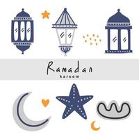 Cute color Islamic for Eid Mubarak and Ramadan Kareem celebration with traditional lantern, half moon, star and mosque isolated on white background design element. Vector illustration