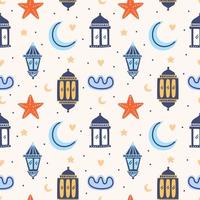 Set of Islamic background, suitable for ramadan or Eid al fitr with traditional lantern, star, half moon, mosque and clouds. Vector childish repeated cartoon character isolated on white background.