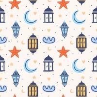 Set of Islamic background, suitable for ramadan or Eid al fitr with traditional lantern, star, half moon, mosque and clouds. Vector childish repeated cartoon character isolated on white background.