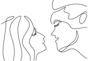 Continuous one line drawing of man and woman heads on white background. Young romantic couple in face to face pose. Happy Valentine Day. Minimalistic style loving graphic design. Vector illustration